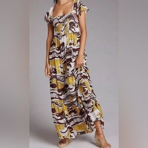 Anthropologie Tiger Print Maxi Dress Size Large Smocked Flutter Sleeve Boho Chic